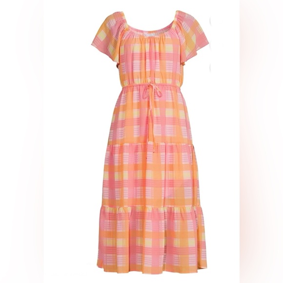 Time and Tru Dresses & Skirts - Time and Tru Plaid Flutter Sleeve Tiered Midi Dress Spring Summer Romantic XXL